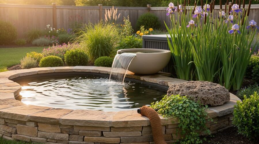 Serene backyard pond edged with stacked flagstone featuring a ceramic spillway bowl waterfall, tall cattails and iris screening a low filter box, a hypertufa hollow rock cover among flat rocks, and a coir-wrapped hose supporting creeping jenny, illustrating discreetly concealed pump, filter, and tubing.