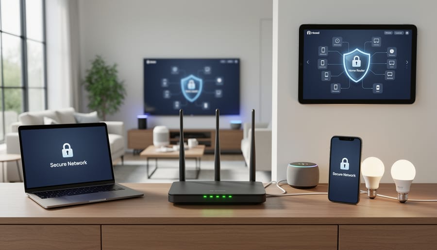 Hands configuring wireless router settings for improved home network security