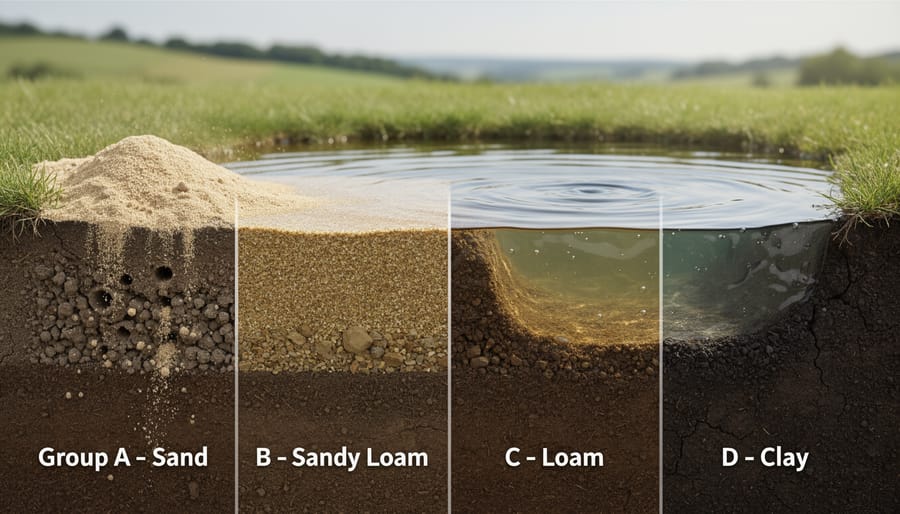 Four glass jars displaying soil samples ranging from sandy to clay textures