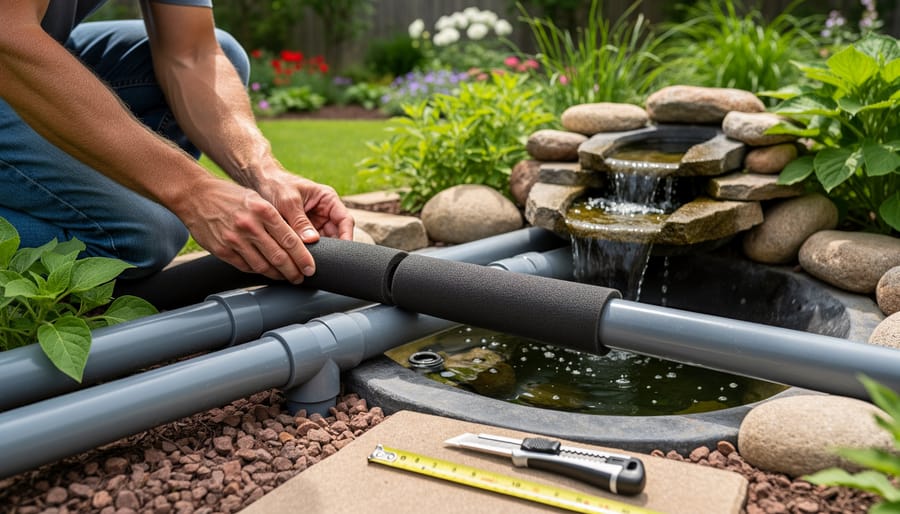 Gardener's hands installing foam insulation sleeve onto outdoor water pipe