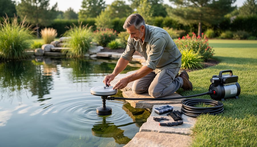 Hands installing air diffuser at bottom of backyard pond