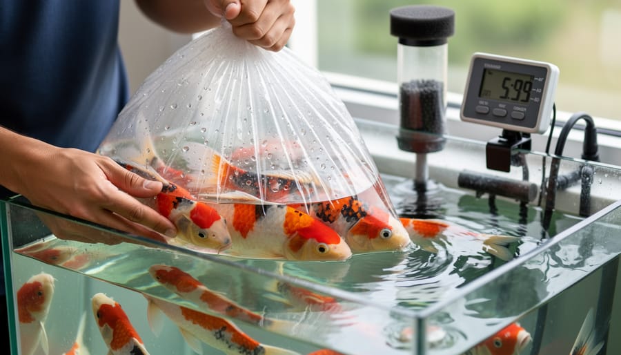 Hands holding bag with koi fish floating in quarantine tank for temperature acclimation