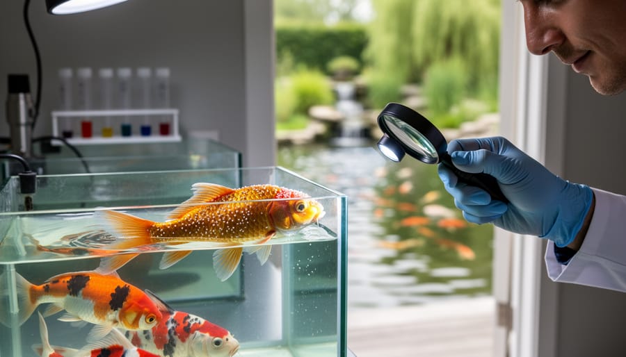 Close-up of koi fish showing white spot disease symptoms during quarantine observation