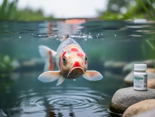 Close-up of a koi near the surface of a backyard pond under soft overcast light, with subtle fin redness and a blurred unlabeled medicine bottle on the rocks behind plants and stones.