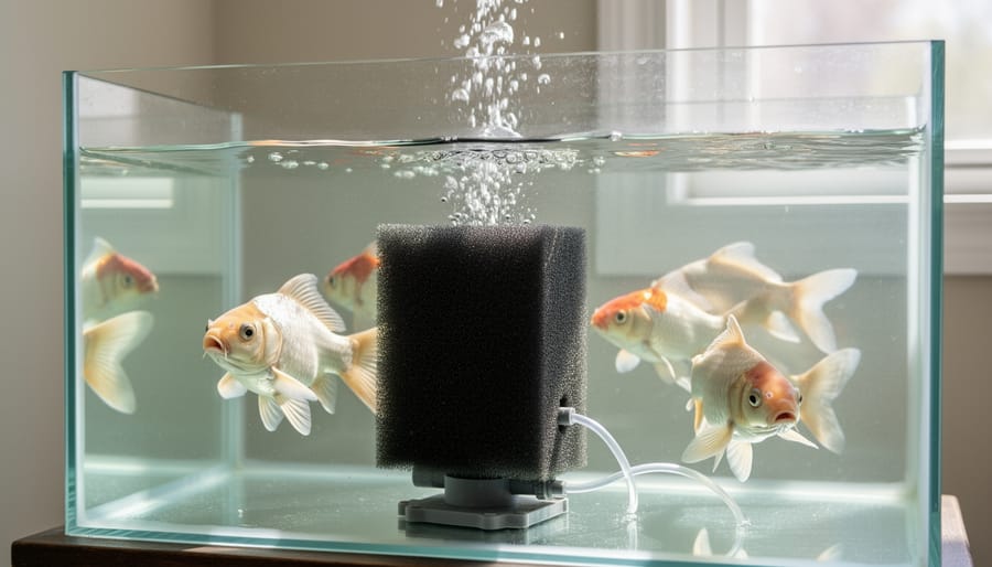 Close-up of sponge filter with air bubbles in koi quarantine tank