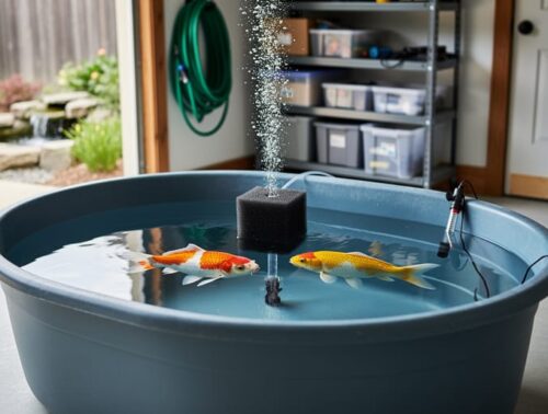 Eye-level view of a 120-gallon oval quarantine tank in a garage with two koi, a bubbling sponge filter, air line, and heater, with pond supplies and a blurred backyard pond visible in the background.