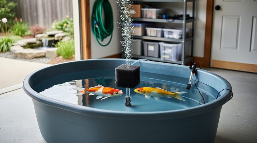 Eye-level view of a 120-gallon oval quarantine tank in a garage with two koi, a bubbling sponge filter, air line, and heater, with pond supplies and a blurred backyard pond visible in the background.