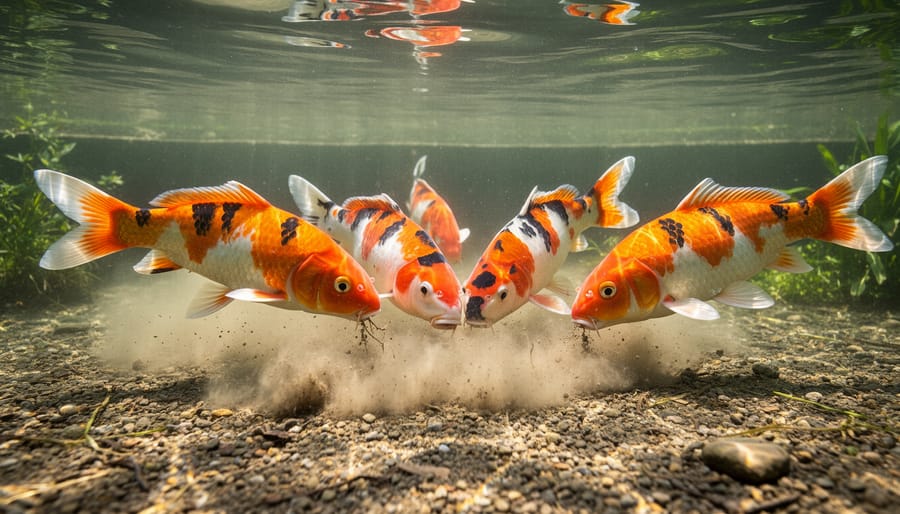 Koi fish stirring up sediment from pond bottom creating visible cloud in water