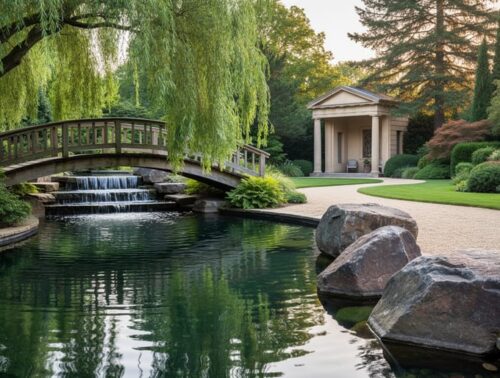 Backyard pond at golden hour with a curved wooden bridge, overhanging willow reflections, trio of shoreline boulders, and a two-tier cascade, with a path and classical pavilion in the background.