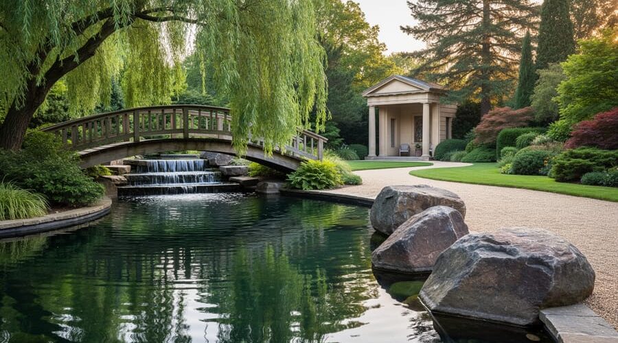 Backyard pond at golden hour with a curved wooden bridge, overhanging willow reflections, trio of shoreline boulders, and a two-tier cascade, with a path and classical pavilion in the background.