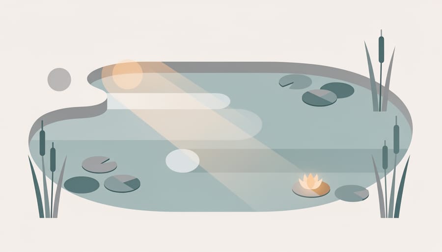 Sunlight creating reflections and ripples on water garden surface