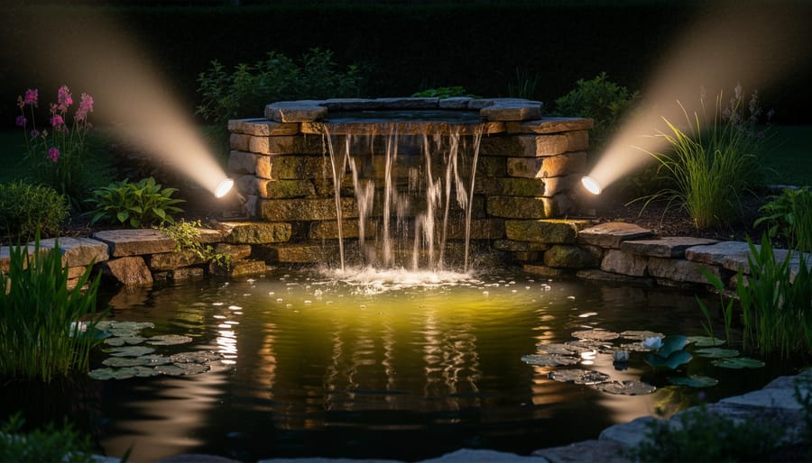 Illuminated waterfall at night with strategic lighting highlighting water movement over rocks