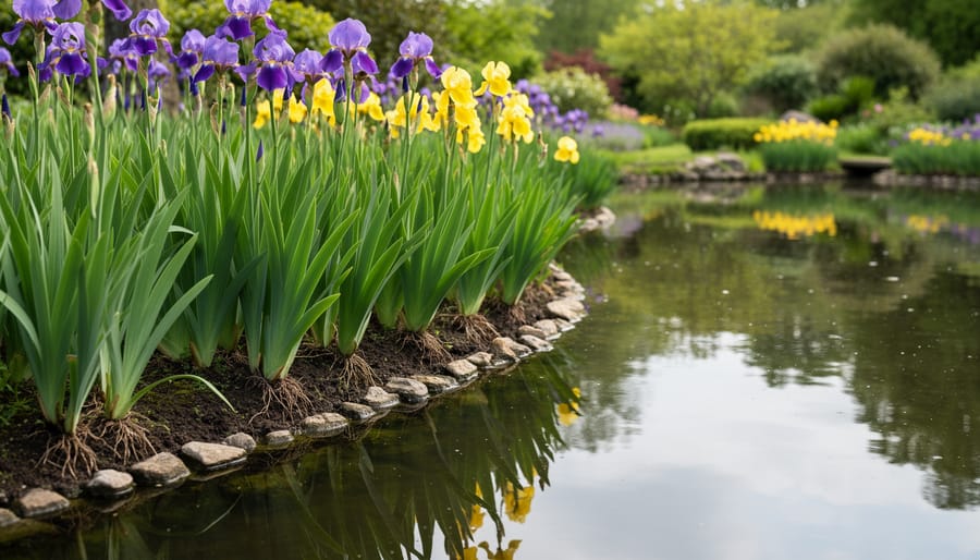 Healthy iris and sedge plants growing along pond shoreline with strong root systems