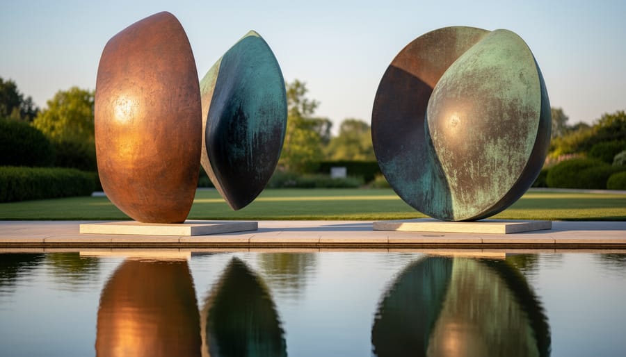 Abstract copper sculpture with aged patina positioned at water garden edge with reflection in pond