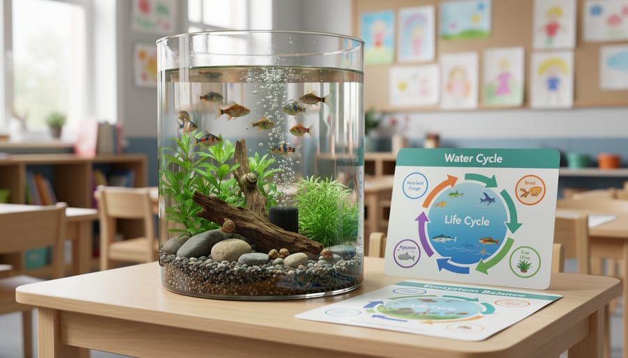 Child holding glass jar containing miniature water garden ecosystem