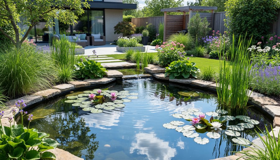 Modern residential water garden with water lilies and irises in backyard setting