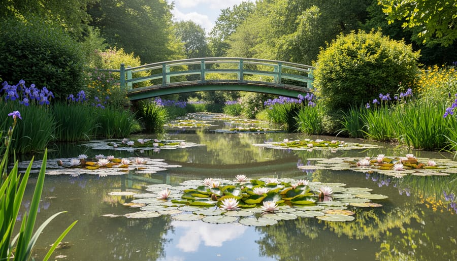 Monet's water lily pond with green Japanese bridge surrounded by willow trees and water lilies