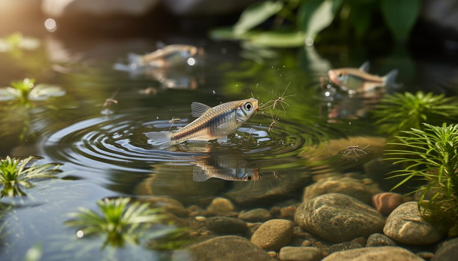 Close-up of mosquitofish swimming in pond water with aquatic plants