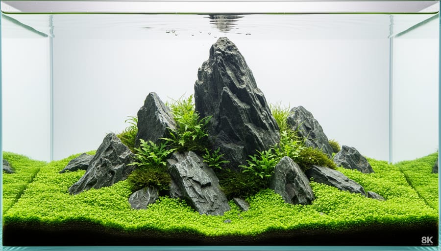 Iwagumi-style 5-gallon aquarium with three stones and carpet plants creating mountain valley scene