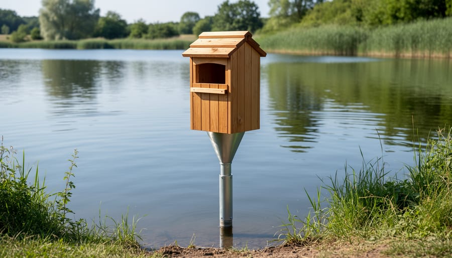 Wooden duck nesting box mounted on post near pond edge with natural vegetation