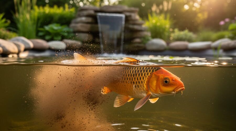 Close-up of a koi fish in a backyard pond stirring a brownish cloud of suspended sediments, with sunlit particles visible and blurred stones, plants, and a waterfall filter in the background.
