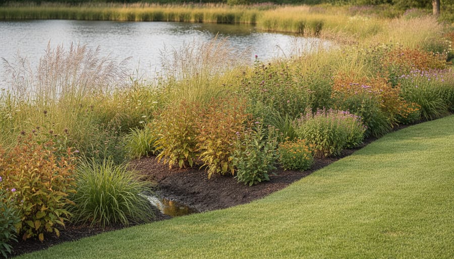 Close-up of diverse native flowering plants and ornamental grasses in riparian buffer