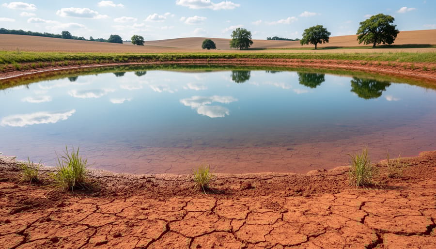 Aerial view of successful natural pond with clay soil banks holding clear water