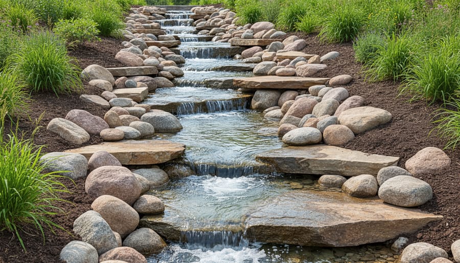 Natural stone-lined spillway channel with water flowing over rocks and vegetation along sides