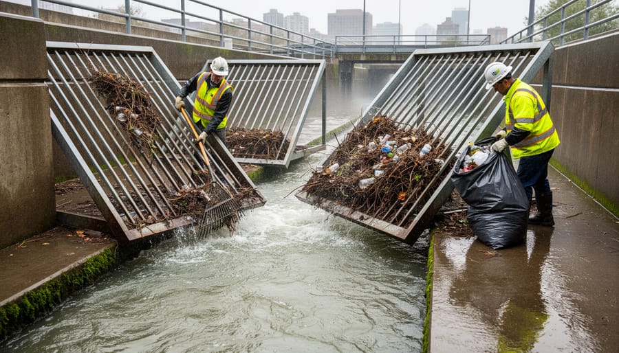 Metal trash rack at pond overflow covered with accumulated autumn leaves and debris