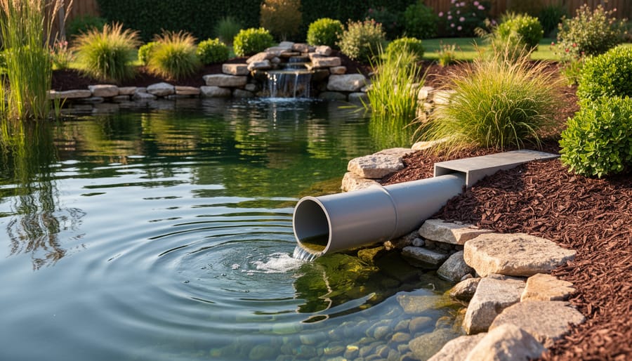 White PVC pipe spillway installed through pond embankment