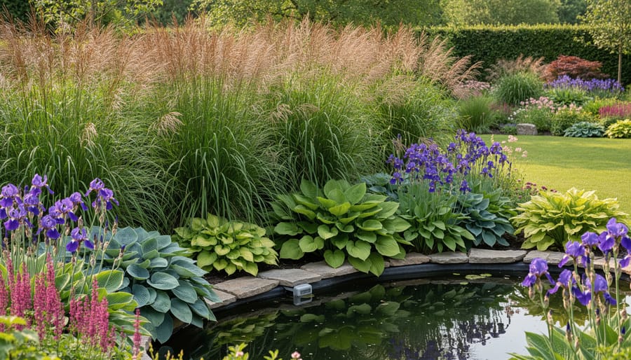 Ornamental grasses and ferns planted to conceal pond equipment at water's edge