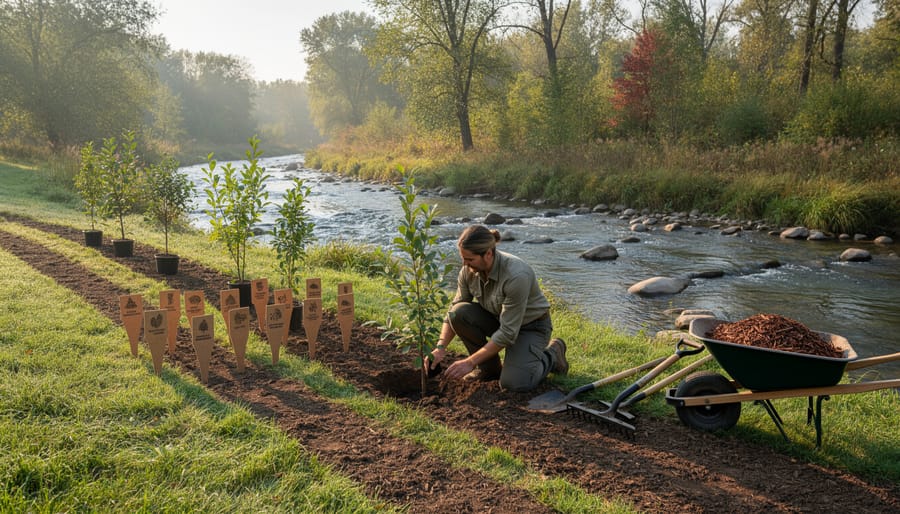 Gardener planting native shrub near pond edge with mulch and tools