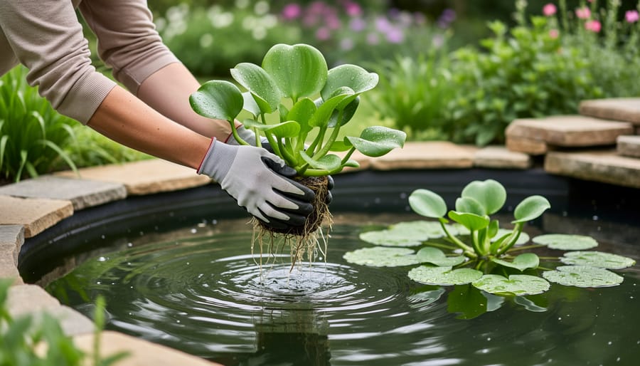 Gardener placing water hyacinth plant into backyard pond with koi fish