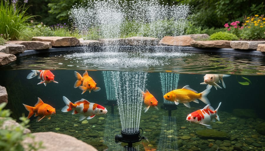 Koi fish swimming in clear pond water with oxygen bubbles from aeration system
