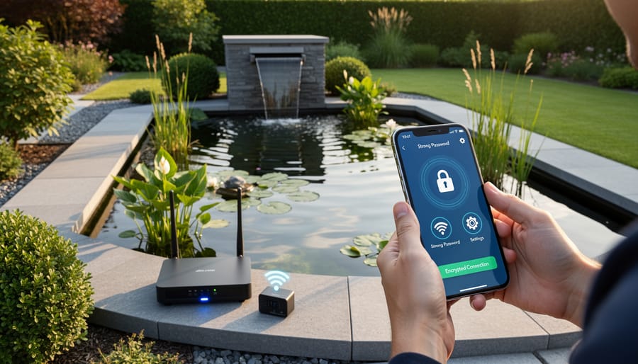 Smartphone showing pond control app security settings held above koi pond