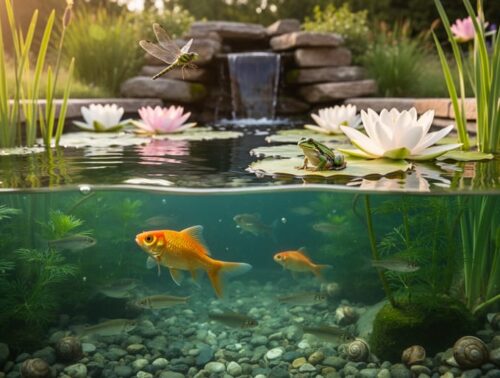 Split-level photo of a backyard pond at golden hour showing goldfish and native minnows with submerged plants and snails underwater, and dragonflies, a frog on a lily pad, reeds, and blooming water lilies above; stone edging and a small waterfall in the background.