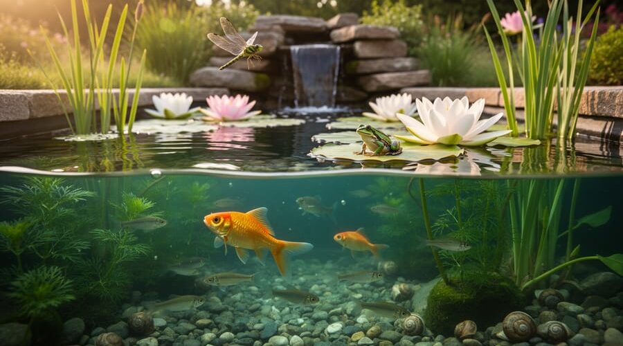 Split-level photo of a backyard pond at golden hour showing goldfish and native minnows with submerged plants and snails underwater, and dragonflies, a frog on a lily pad, reeds, and blooming water lilies above; stone edging and a small waterfall in the background.