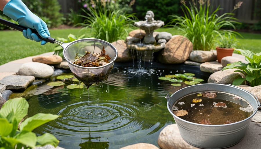 Gardener removing leaves and debris from pond with skimmer net