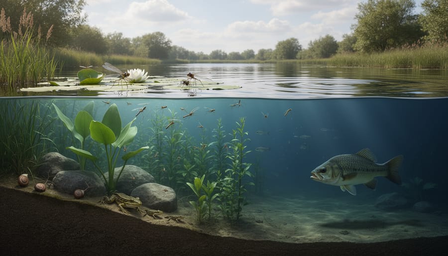 Side view of pond showing three depth zones with different aquatic plants and habitats