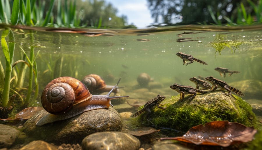 Macro view of pond snail on lily pad with tadpoles showing natural ecosystem functions