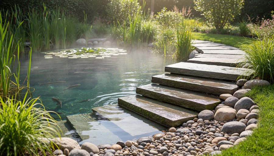 Person entering natural pond via stone steps for cold plunge therapy