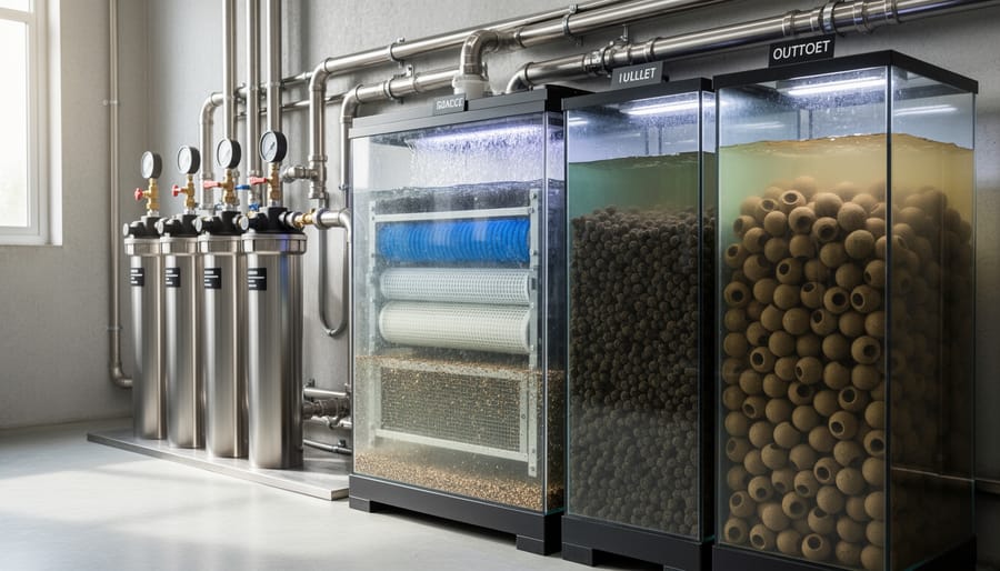 Pond filtration system showing water being cleaned through filter media