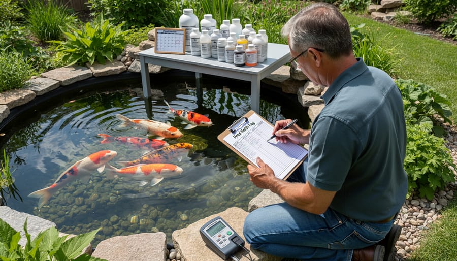Pond owner monitoring fish behavior and recording water quality observations with testing kit