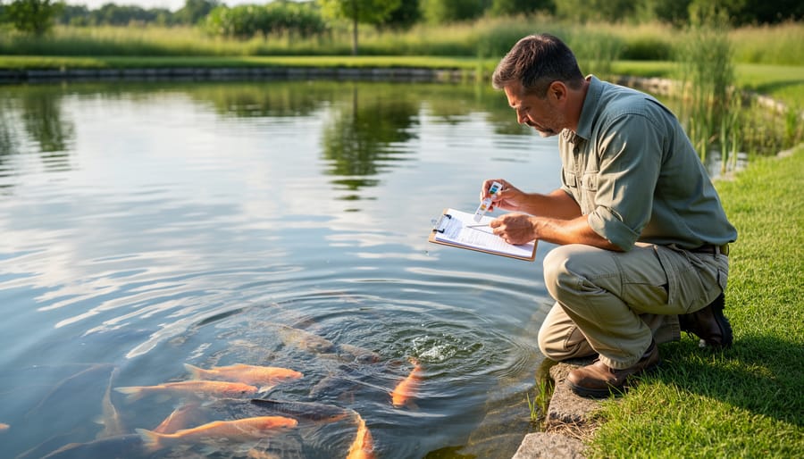 Pond owner monitoring fish health and behavior during routine inspection