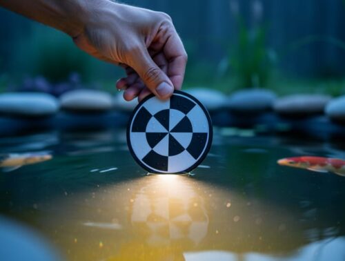 Hand lowering a black-and-white Secchi disk into a backyard pond at dusk as a submerged light casts a diffused amber glow through slightly murky water, with stones and aquatic plants softly blurred in the background.