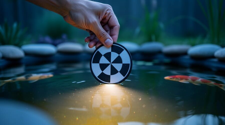 Hand lowering a black-and-white Secchi disk into a backyard pond at dusk as a submerged light casts a diffused amber glow through slightly murky water, with stones and aquatic plants softly blurred in the background.