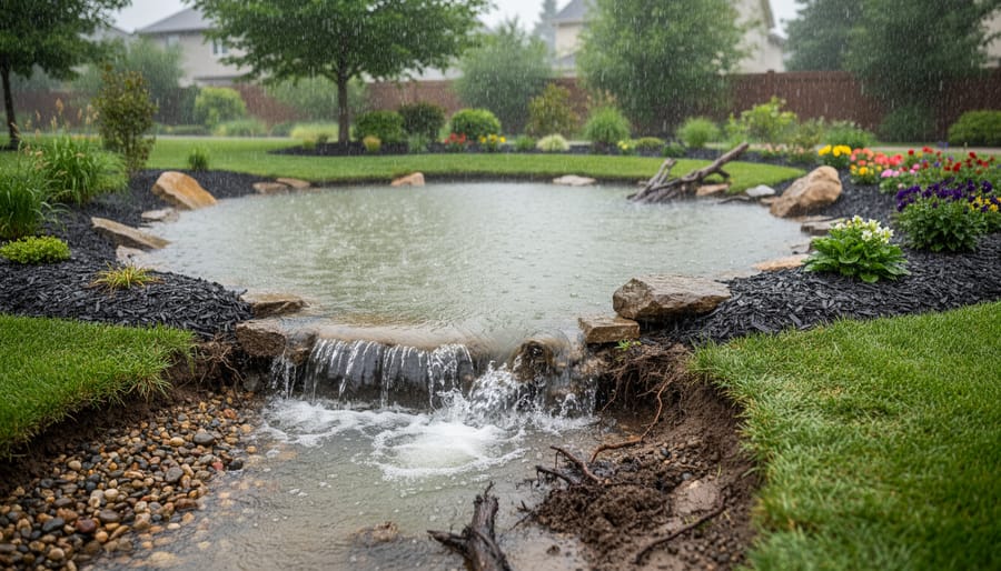 Backyard pond overflowing its banks with water flooding onto lawn and garden areas