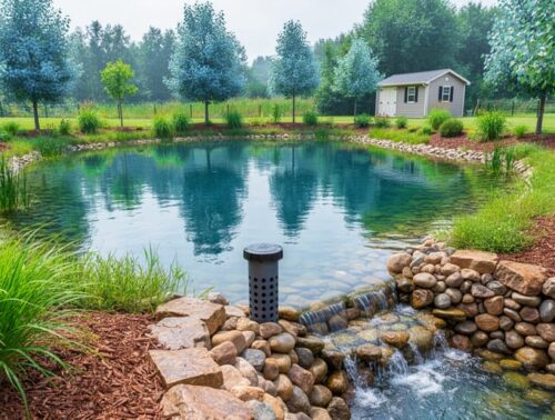 Rock-lined spillway and screened standpipe managing overflow on a small farm pond after rain, viewed from a slightly elevated angle with landscaped banks, native grasses, and trees in the softly blurred background.