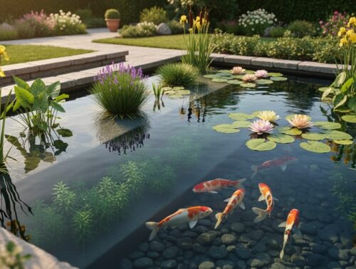 Terraced backyard pond photographed from slightly above, showing cattails and irises at the edge, pickerel rush and arrowhead on a shallow shelf, water lilies mid-depth, submerged oxygenating plants deeper, and koi in the deepest zone under warm golden-hour light with a softly blurred garden beyond.