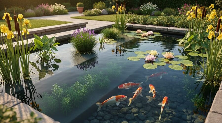 Terraced backyard pond photographed from slightly above, showing cattails and irises at the edge, pickerel rush and arrowhead on a shallow shelf, water lilies mid-depth, submerged oxygenating plants deeper, and koi in the deepest zone under warm golden-hour light with a softly blurred garden beyond.